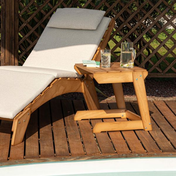 Elena Garden Set in Teak Colour Wood, Sun Lounger with Cushion And Side Table detail image 6