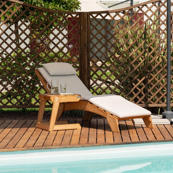 Ensemble de Jardin Elena en Bois Couleur Teck, Chaise Longue Avec Coussin Et Table Basse image détaillée 1