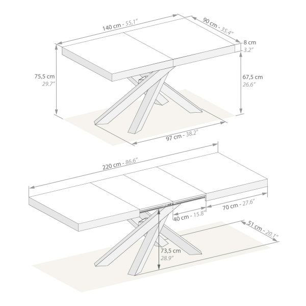 Emma 140(220)x90 cm uitschuifbare tafel, rustiek eiken met zwarte kruispoten technische afbeelding 1