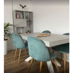 Masă extensibilă Emma 160(240)x90 cm, Gri Ciment cu Picioare Încrocișate Albe