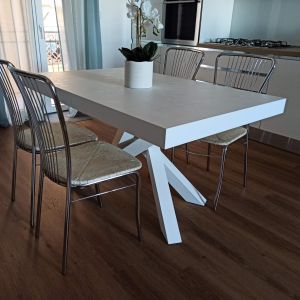 Emma 140(220)x90 cm Extendable Table, Concrete Effect, White with White Crossed Legs