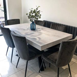 Emma 160(240)x90 cm Extendable Table, Concrete Effect, Grey with Black Crossed Legs