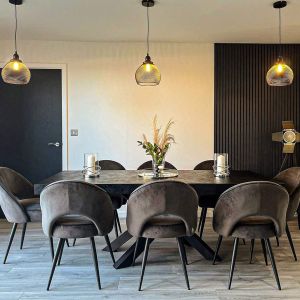 Emma 160(240)x90 cm Extendable Dining Table, Concrete Effect, Black with Black Crossed Legs