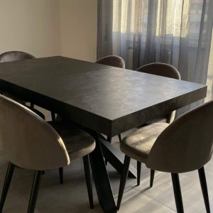 Emma 160(240)x90 cm Extendable Dining Table, Concrete Effect, Black with Black Crossed Legs