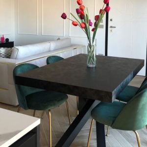 Emma 160(240)x90 cm Extendable Dining Table, Concrete Effect, Black with Black Crossed Legs