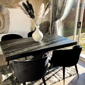 Emma 160(240)x90 cm Extendable Dining Table, Concrete Effect, Black with Black Crossed Legs