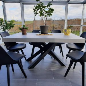 Emma 160(240)x90 cm Extendable Table, Concrete Effect, Grey with Black Crossed Legs