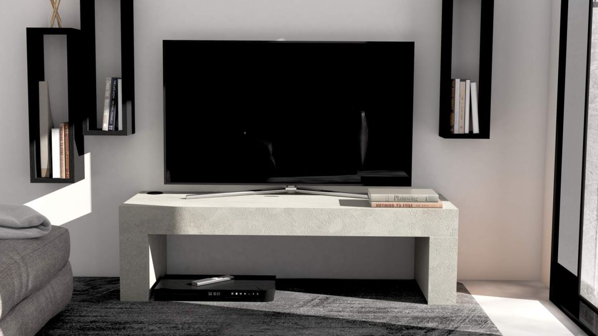 Evolution TV-Schrank 120 x 40 mit kabellosem Ladegerät, grauer Beton Umgebungsbild 1