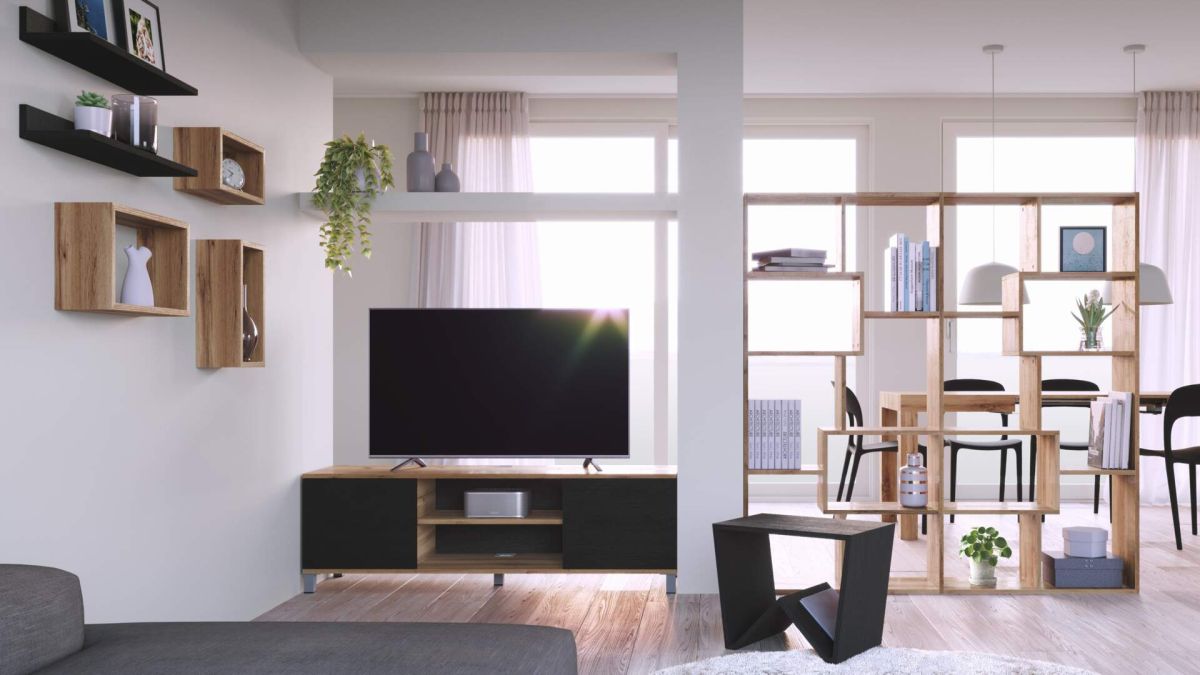 Mueble de TV Rachele, color Madera rústica - Madera negra imagen configurada 1