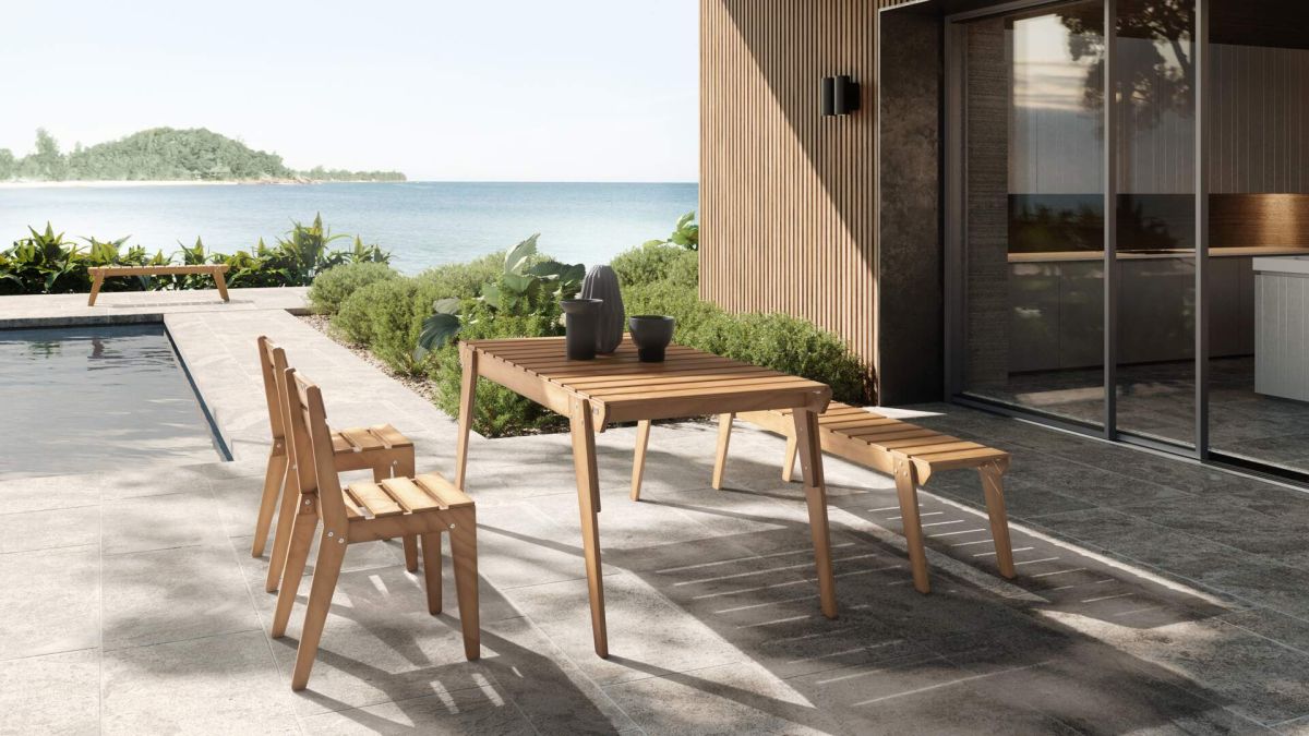 Elena Garden Set in Teak Colour Wood, Table (160x80), 2 Chairs and 1 Bench with Three Seats set image 1