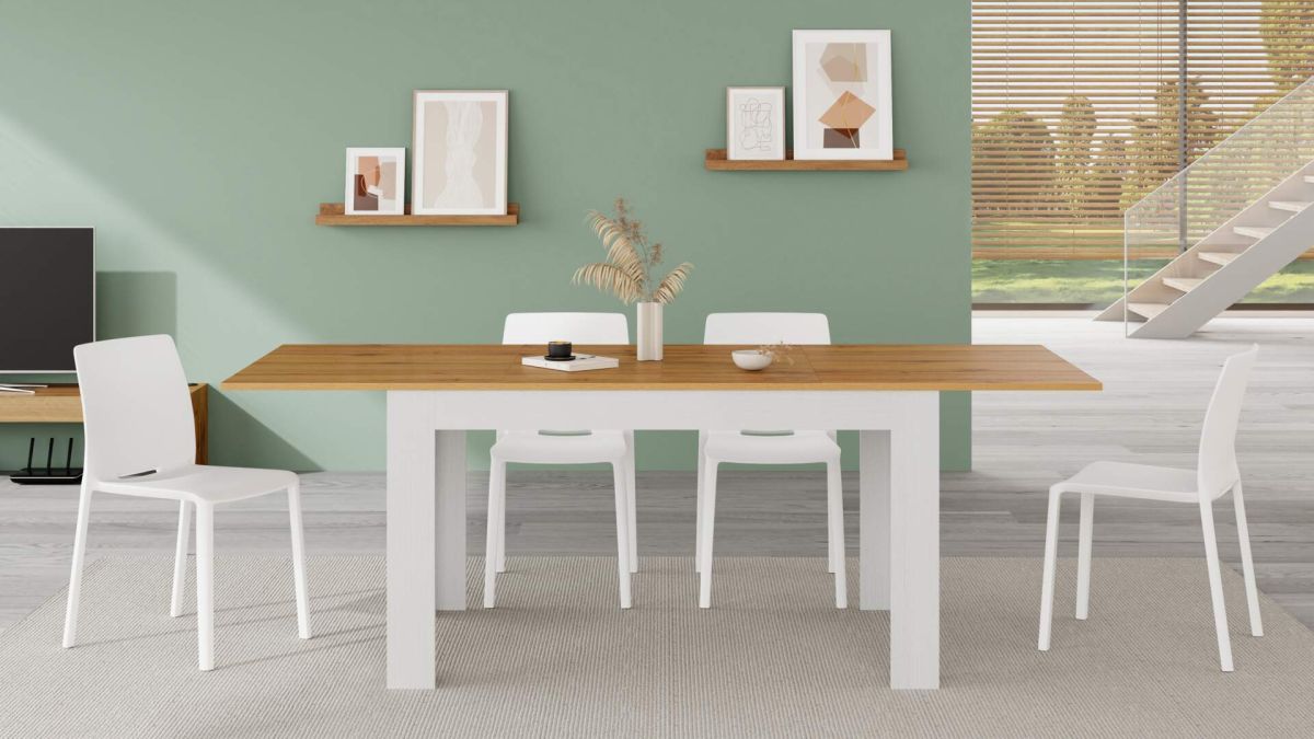 Easy, Extendable dining table, 140(220)x90 cm, Rustik Oak and Ashwood White set image 1