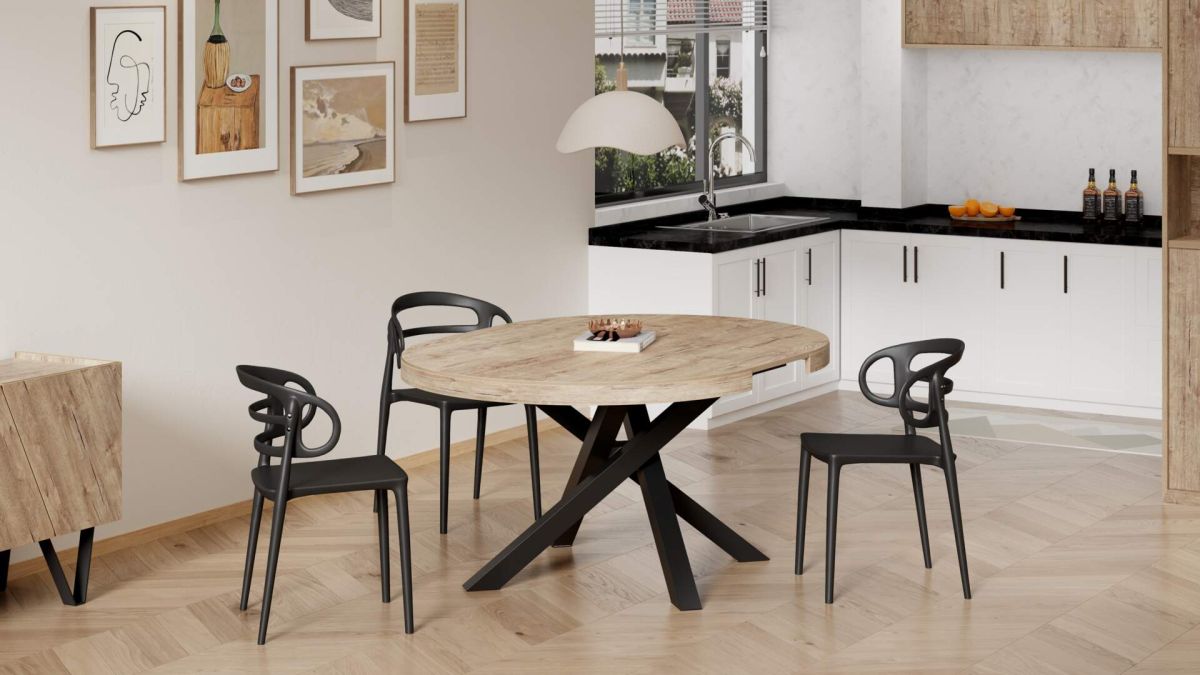 Runder ausziehbarer Tisch Emma, 120-160 cm, Eiche mit gekreuzten Schwarzen Beinen Umgebungsbild 3