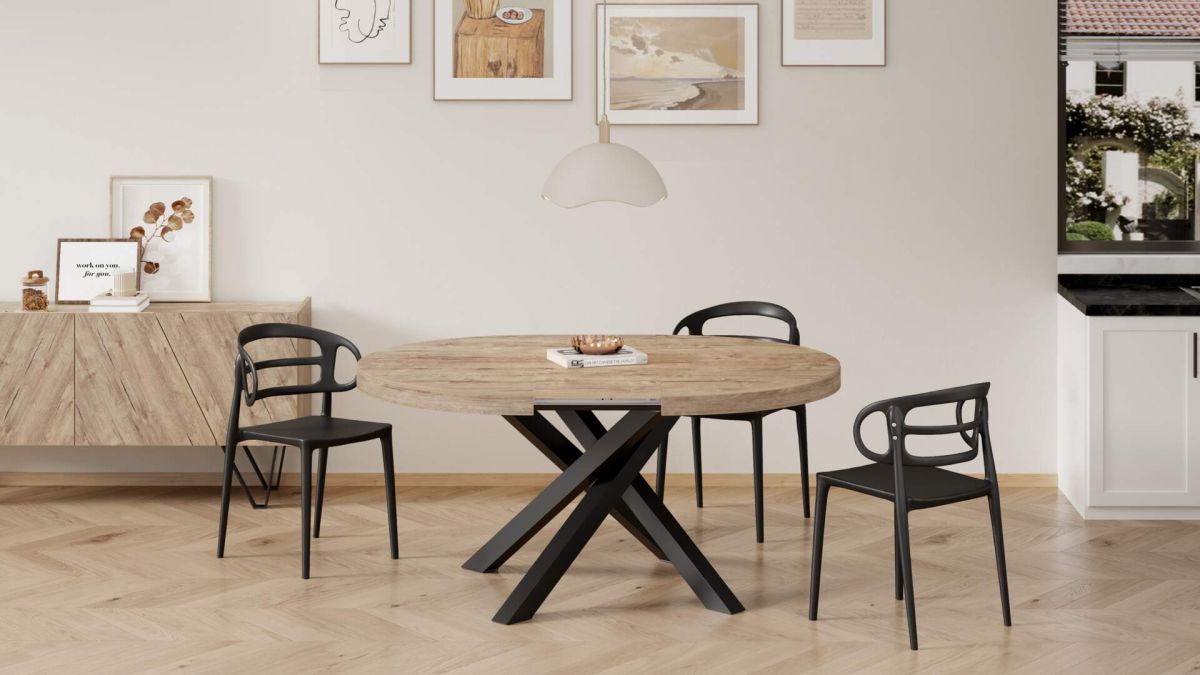 Runder ausziehbarer Tisch Emma, 120-160 cm, Eiche mit gekreuzten Schwarzen Beinen Umgebungsbild 2