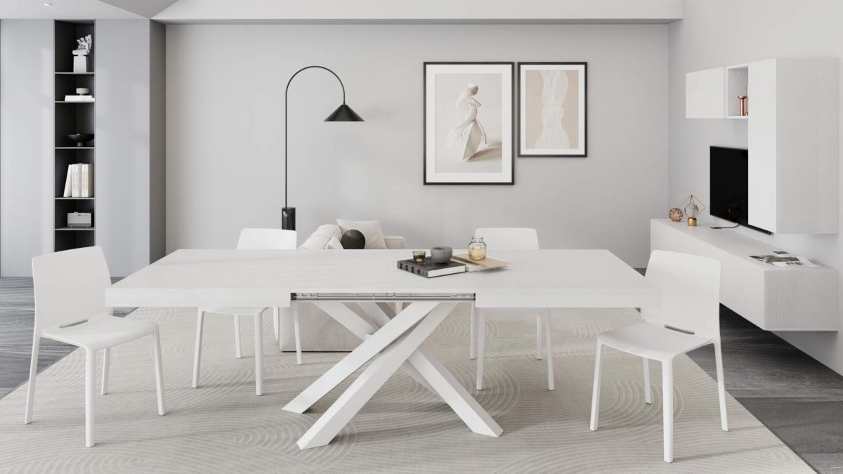 Tavolo Allungabile Emma 160(240)x90 cm, Bianco Frassino con Gambe Incrociate Bianche immagine ambientata 1