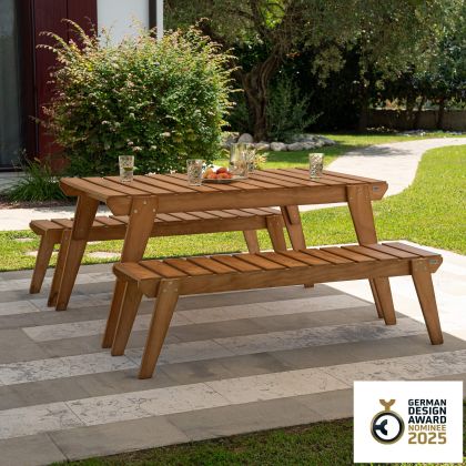 Ensemble de Jardin Elena en Bois Couleur Teck, Table (160x80) Et 2 Bancs de Trois Places