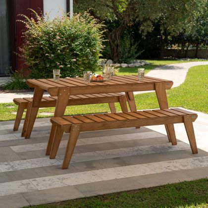 Elena Tuinset Van Hout in Teak Kleur, Tafel (160x80) en 2 Banken met Drie Zitplaatsen