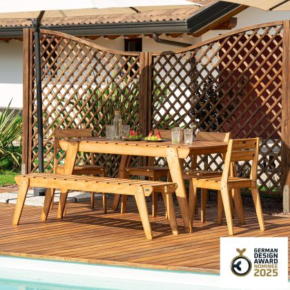 Ensemble de Jardin Elena en Bois Couleur Teck, Table (160x80), 2 Chaises Et 1 Banc de Trois Places