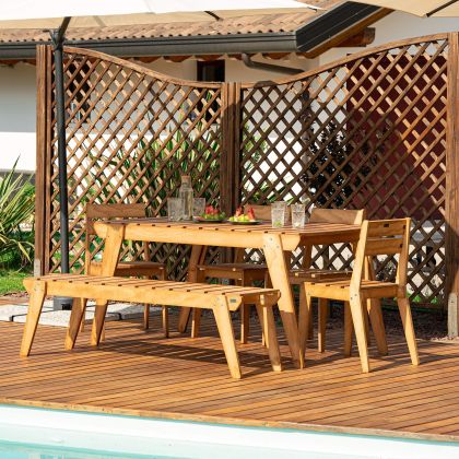 Elena Tuinset Van Hout in Teak Kleur, Tafel (160x80), 2 Stoelen en 1 Bank met Drie Zitplaatsen