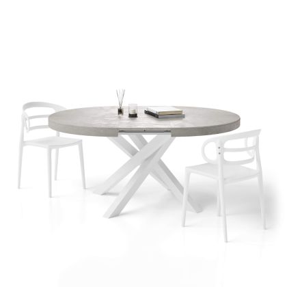 Table ronde extensible Emma,120-160 cm, Gris Béton, avec pieds blancs croisés image principale