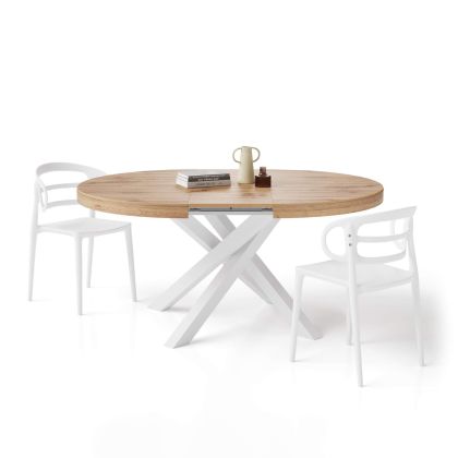 Table ronde extensible Emma, 120-160 cm, Bois Rustique, avec pieds blancs croisés image principale