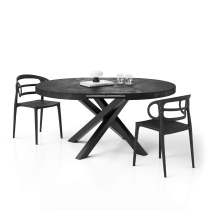 Table ronde extensible Emma, 120-160 cm, Noir Béton, avec pieds noirs croisés image principale