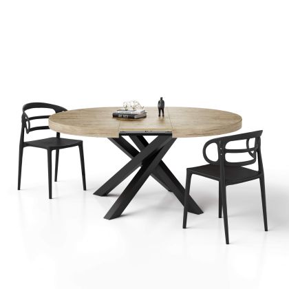 Table ronde extensible Emma, 120-160 cm, Chêne Naturel, avec pieds noirs croisés image principale