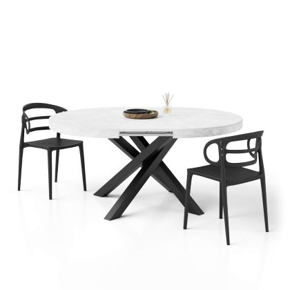 Table ronde extensible Emma, 120-160 cm, Blanc Béton avec pieds noirs croisés image principale