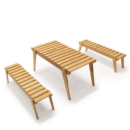 Elena Garden Set in Teak Colour Wood, Table (160x80) and 2 Benches with Three Seats main image
