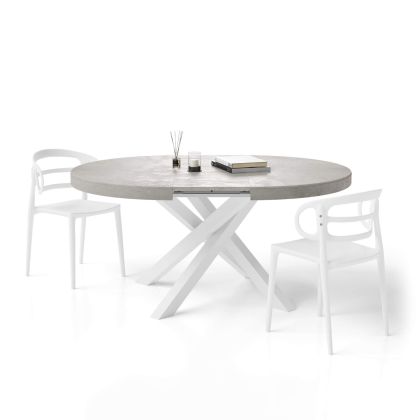Runder ausziehbarer Tisch Emma, 120-160 cm, Grauer Beton mit gekreuzten Weißen Beinen Hauptbild