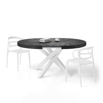 Runder ausziehbarer Tisch Emma, 120-160 cm, Schwarzer Beton mit gekreuzten Weißen Beinen Hauptbild