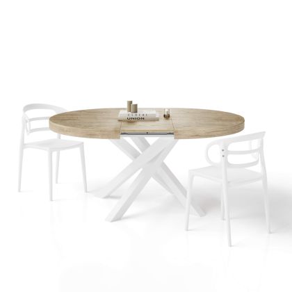 Runder ausziehbarer Tisch Emma, 120-160 cm, Eiche mit gekreuzten Weißen Beinen