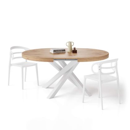 Ronde uitschuifbare Emma eettafel, 120-160 cm,Rustiek Eiken, met witte gekruiste poten