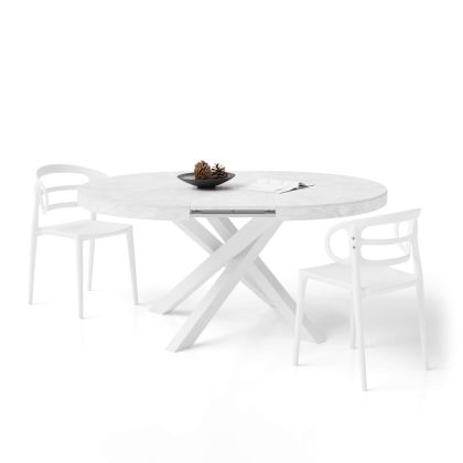 Runder ausziehbarer Tisch Emma, 120-160 cm, Weißer Beton mit gekreuzten Weißen Beinen Hauptbild
