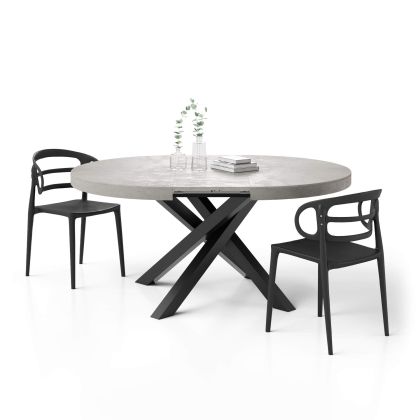 Emma Round Extendable Table, 120-160 cm, Concrete Effect, Grey with Black crossed legs