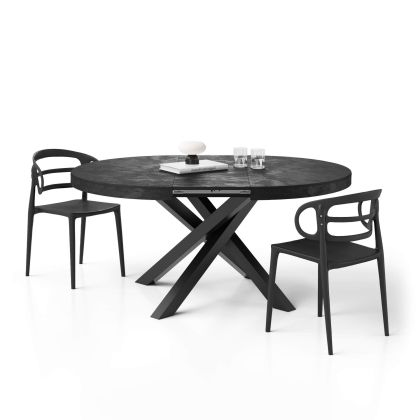 Runder ausziehbarer Tisch Emma, 120-160 cm, Schwarzer Beton mit gekreuzten Schwarzen Beinen Hauptbild