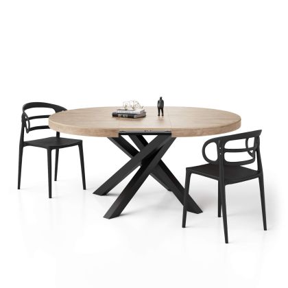 Runder ausziehbarer Tisch Emma, 120-160 cm, Eiche mit gekreuzten Schwarzen Beinen Hauptbild