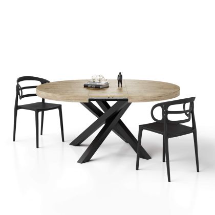 Emma Round Extendable Table, 120-160 cm, Oak with Black crossed legs