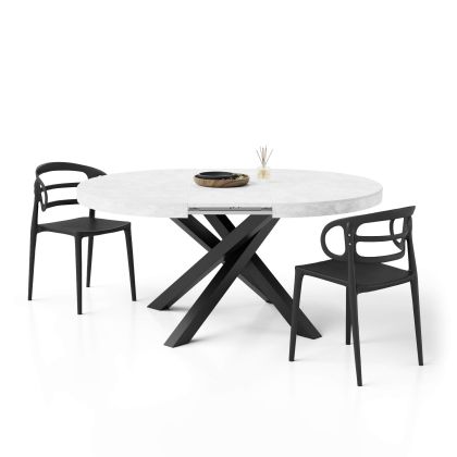 Runder ausziehbarer Tisch Emma, 120-160 cm, Weißer Beton mit gekreuzten Schwarzen Beinen Hauptbild
