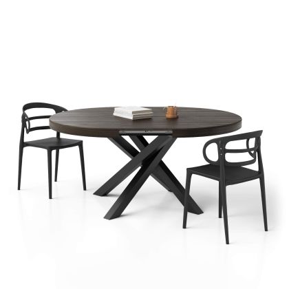 Emma Round Extendable Table, 120-160 cm, Dark Walnut with Black crossed legs main image