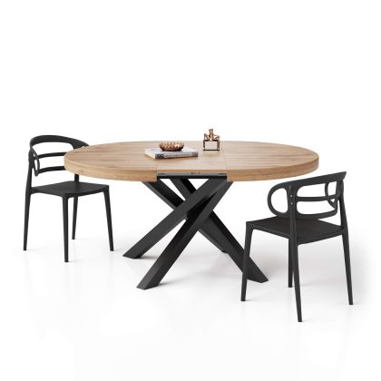 Mesa redonda extensible Emma 120-160 cm en color madera rústica con patas cruzadas negras