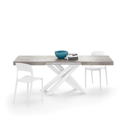 Emma 140(220)x90 cm Extendable Table, Concrete Effect, Grey with White Crossed Legs