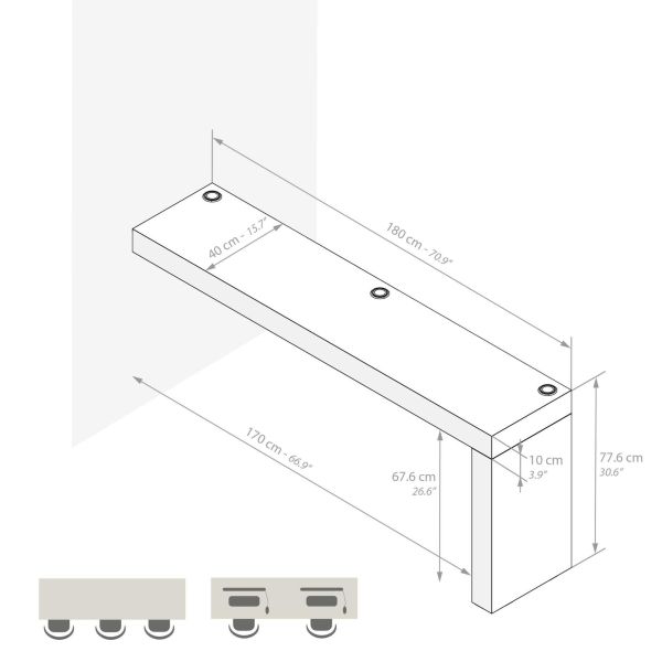 Evolution Schreibtisch 180 x 40 mit kabellosem Ladegerät, grauer Beton, mit einem Bein Technisches Bild 1