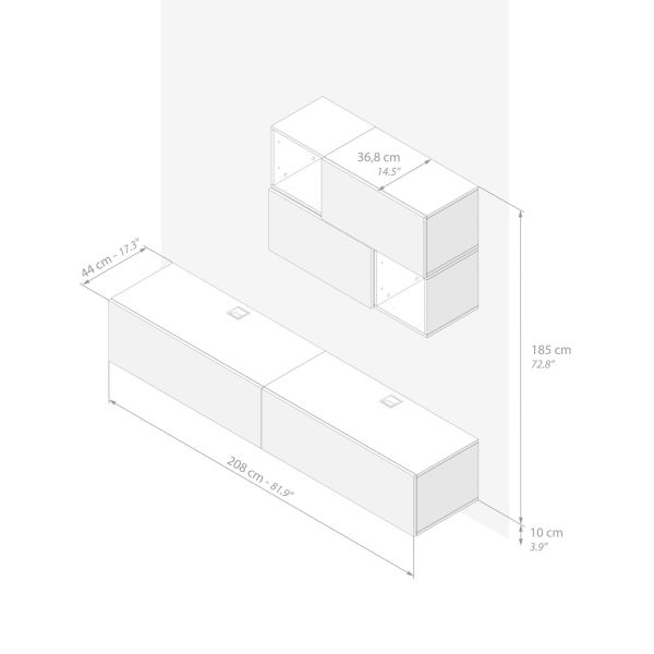 Composición de pared Easy para salón 4, color fresno blanco, 208x44x185 cm imagen técnica 1