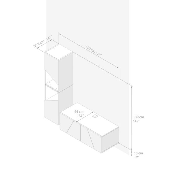 Emma Living Room Wall Unit 2, Concrete Effect, Grey, 150x44x139 cm technical image 1