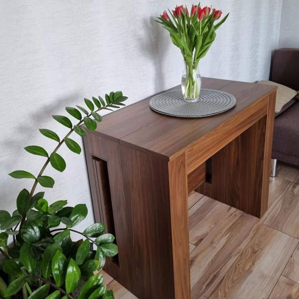 Easy, Extendable Console Table with extension leaves holder, 45(305)x 90 cm, Walnut set image 1