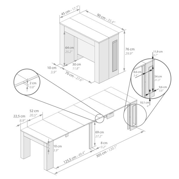 Mesa Consola Extensível com porta-extensões Easy, 45(305)x 90 cm, Carvalho imagem técnica 1
