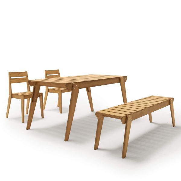 Elena Garden Set in Teak Colour Wood, Table (160x80), 2 Chairs and 1 Bench with Three Seats detail image 4