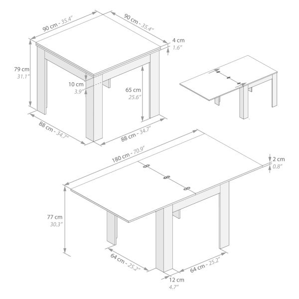 Eldorado quadratischer ausziehbarer Tisch, 90x(180)x90 cm, glänzend, Weiß Technisches Bild 1