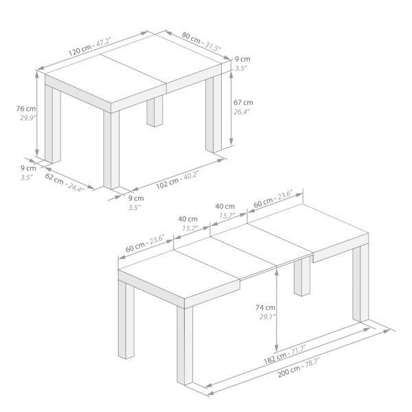 First ausziehbarer Tisch, 120(200)x80 cm, grauer Beton Technisches Bild 1