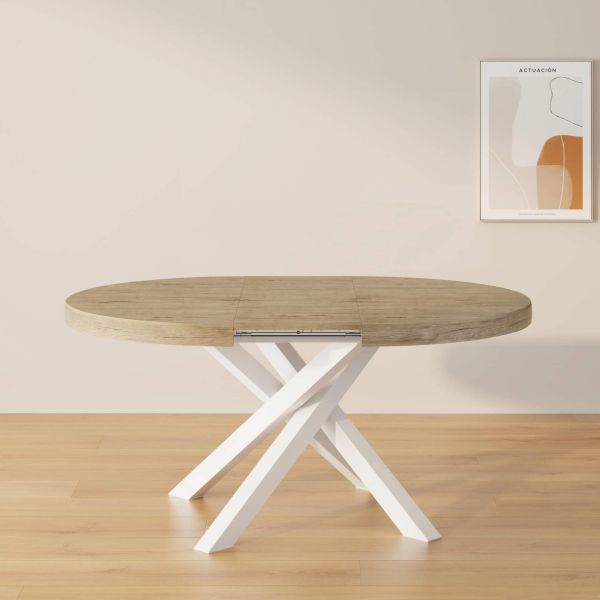 Runder ausziehbarer Tisch Emma, 120-160 cm, Eiche mit gekreuzten Weißen Beinen Umgebungsbild 1